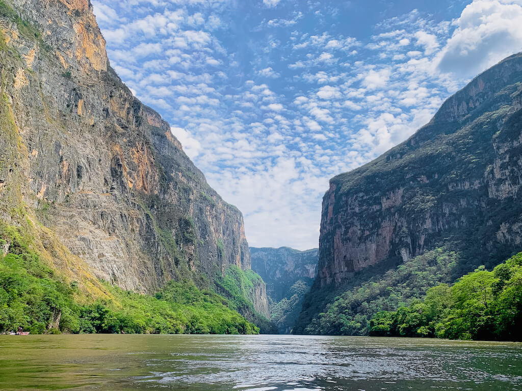 view of Sumidero Canyon from the water level in Chiapas, Mexico