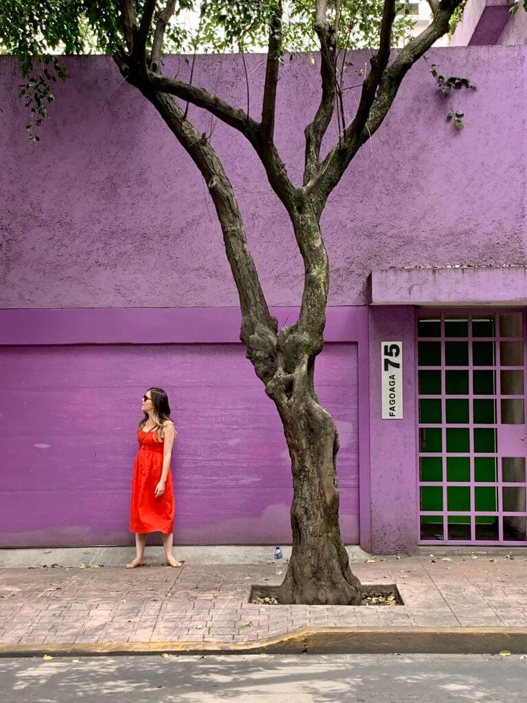 a woman in a red dress stands against a purple wall and garage door in Mexico City, framed by the trunk of a jacaranda tree