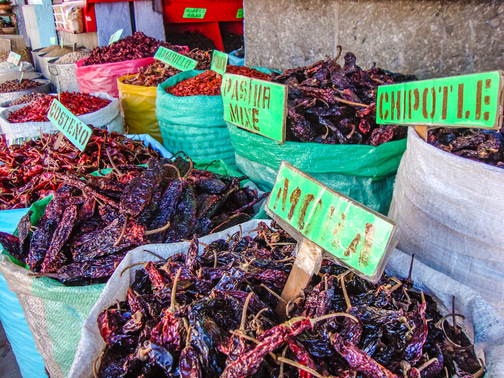 dried chilis for sale outside a mercado in Oaxaca, Mexico
