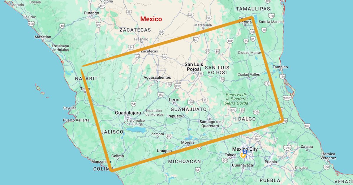 map of central mexico with a yellow rectangle surrounding the area in question