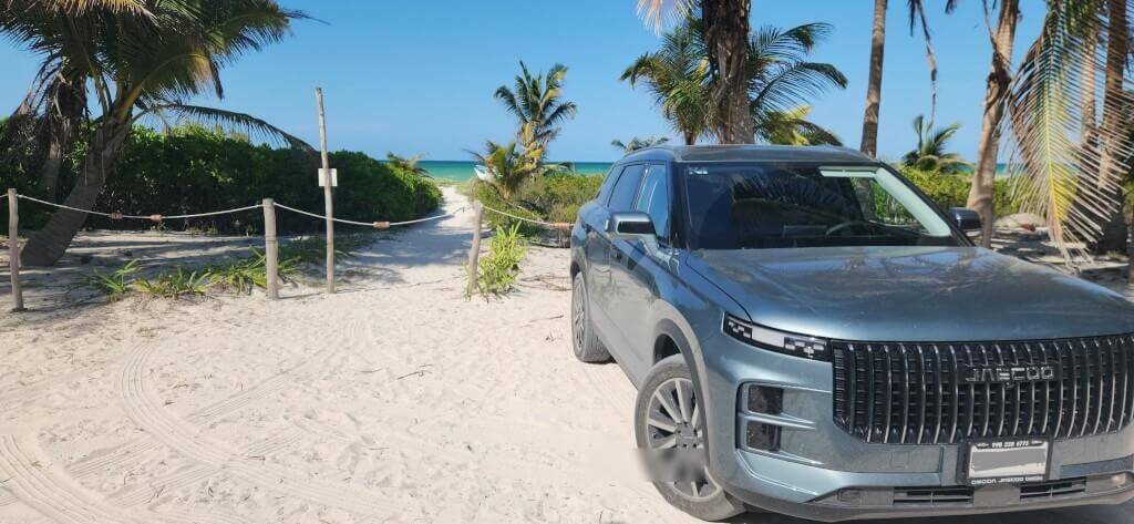 Luxury car rental at the end of one of most beautiful scenic highways in the yucatan peninsula, mexico