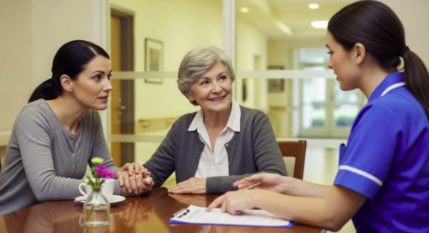 An aging parent and her daughter, who is also her caretaker, are speaking to their healthcare professional.