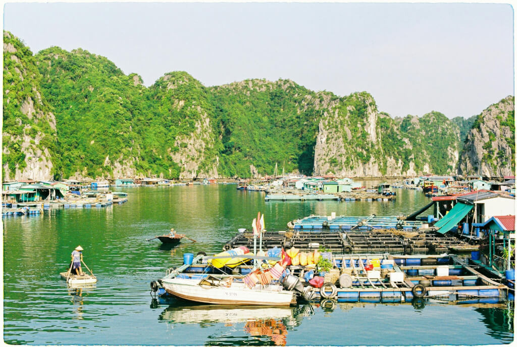 The most peaceful ferry in southeast asia is a snapshot of cat ba's floating fishing village in vietnam, surrounded by lush limestone mountains.