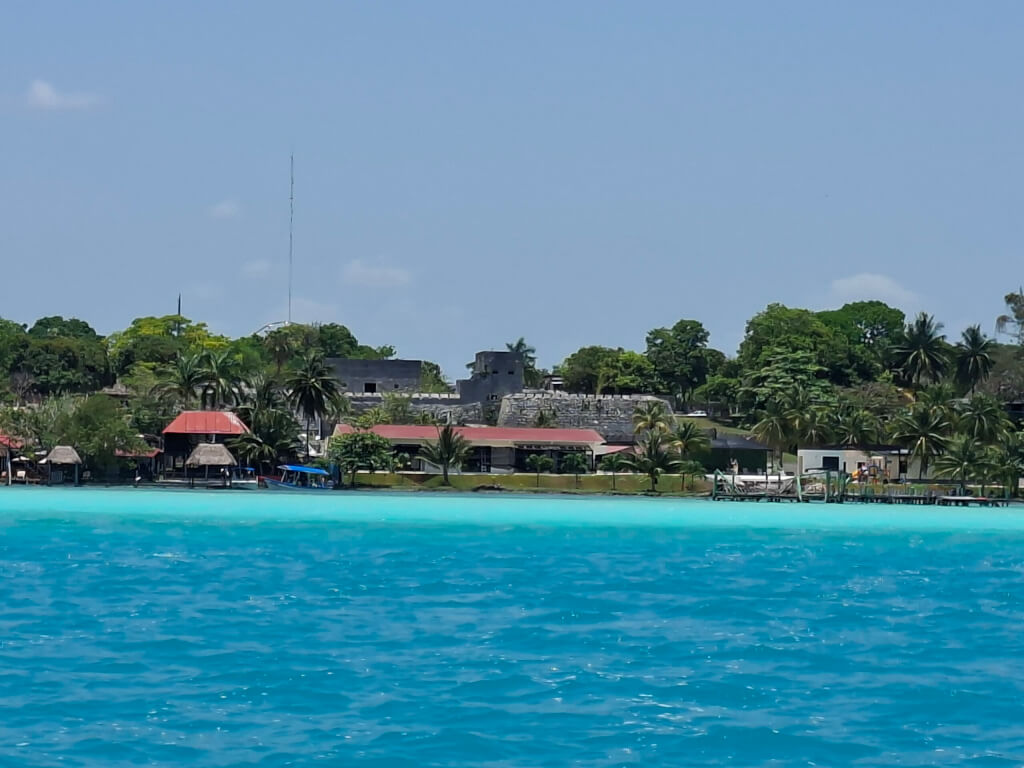 View of the fortress from a pontoon boat in laguna bacalar